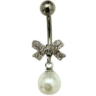 Crystal Bow With Pearl Ball Design Belly Bar - Silver - 30mm