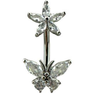 Crystal Butterfly Design Belly Bar  - Silver - 20mm