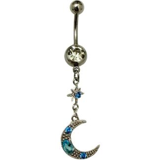 Dangling Moon With Turquoise Stones Design Belly Bar- Silver - 50mm