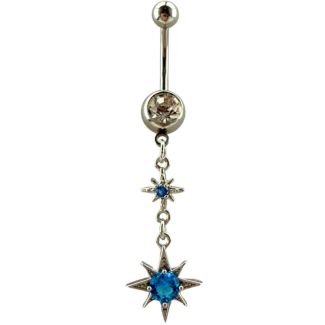 Dangling Star With Turquoise Stone Design Belly Bar- Silver - 50mm