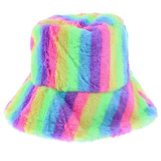 Adults Rainbow Stripy Faux Fur Bucket Hat