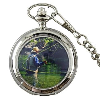 Wholesale Man Fishing Print Pocket Watch with Chain - Silver