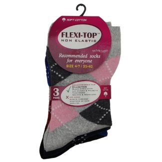 Ladies Flexi-Top Non Elastic Argyle Design Diabetic Socks (3 Pack) - Asst.