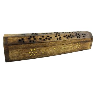 Sheesham Wood Incense Stick Box Brass Inlay Flower Design