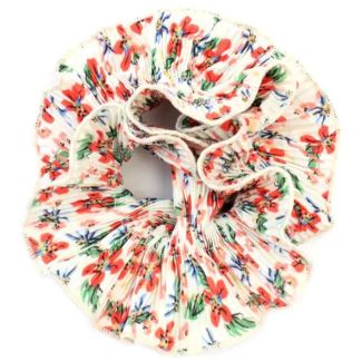 Flower Print White Ribbed Double Layered Scrunchie (14cm)