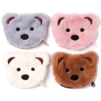 Fluffy Teddy Bear Face Zip Purse - Assorted - 9x8cm