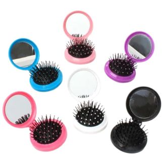 Folding Round Compact Hair Brush With Mirror - Assorted Colours (6.5cm)