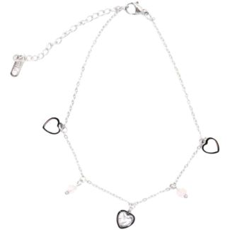 Silver Anklet with Heart Charms and Pink Beads
