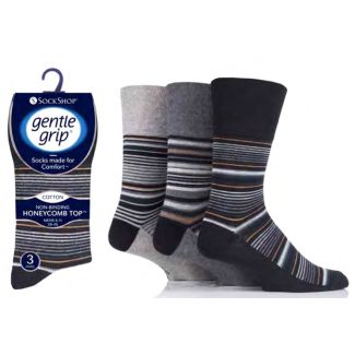 Men's "Striped" Gentle Grip Socks (3 Pair Pack) - Blk/Charcoal/Grey