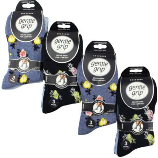 Gentle Grip Flower Design Socks For Ladies (3 Pack) - Assorted