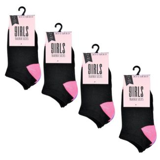 Girls Black Trainer Socks Coloured Heel & Toe(3 Pair Pack)-Assorted Sizes 