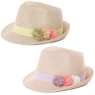 Wholesale Girls Straw Trilby With Coloured Band and Pom Poms Assortment