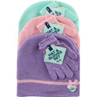 Girls Beanie Hat & Glove Set - Assorted Colours 