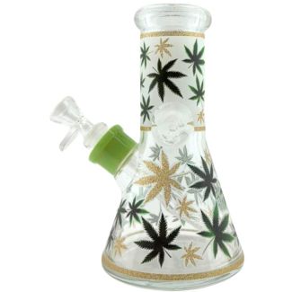 Glass Waterpipe Green & Gold Leaf Design (8inch)
