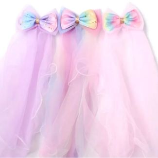 Glitter Rainbow Bow Clip With Layered Net Veil - Assorted Colours
