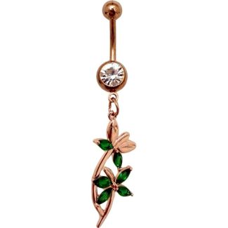 Green Dangly Flower Design Belly Bar - Rose Gold  - 50mm
