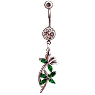 Green Dangly Flower Design Belly Bar - Silver  - 50mm