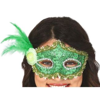 Green Mask With Feathers For Adults