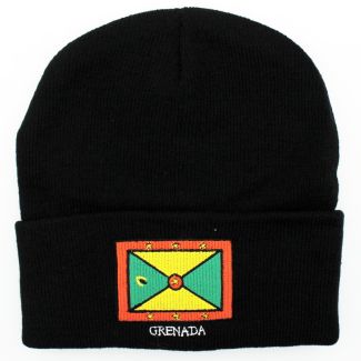 Black Turn up Beanie Hat - Grenada Flag Embroidered