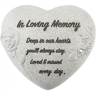 Heart-Shaped Memorial Stone with Diamantes & Rose Detail – In Loving Memory (16cm)