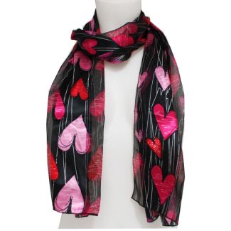 Ladies Satin Stripe Heart Design Scarf - Black 