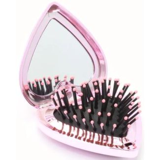 Heart Shaped Detangling Folding Brush With Mirror - Pink (8cm)