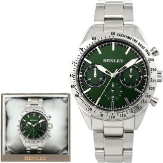 Henley Round Multi-Dial Men's Metal Bracelet Watch - Green/Silver 