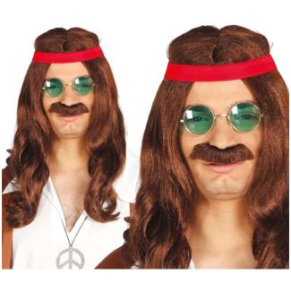 Hippy Wig With Headband And Moustache  For Adults
