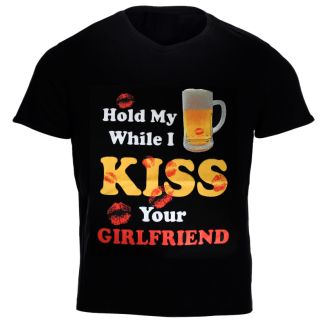 "Hold My Beer While I Kiss...''Black Printed T-Shirt