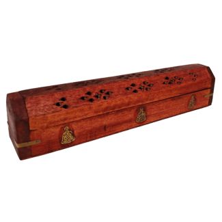 Wooden Incense Holder Storage Box - Buddha Brass Inlay 12''