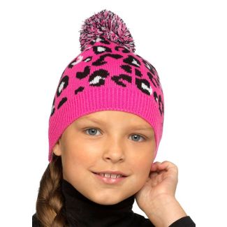 Kids Pink Leopard Print Hat With Bobble 