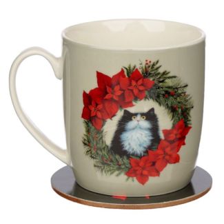 Kim Haskins Christmas Wreath Cat Porcelain Mug & Coaster Set