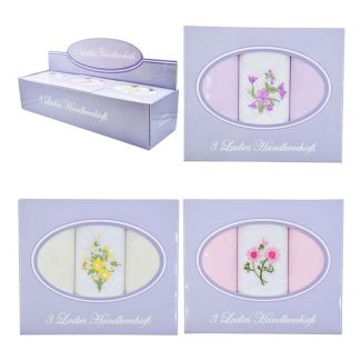 Ladies 3 Pack Boxed Floral Design Handkerchief - Assorted 
