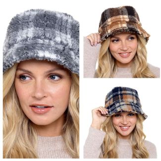 Ladies Check Borg Hat - Assorted Colours 
