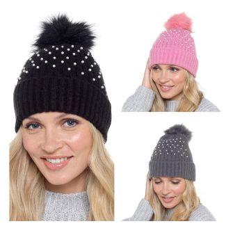 Ladies Rib Hat With Pearls & Bobble 