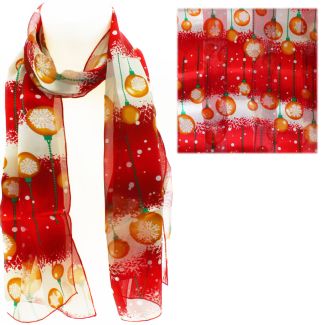 Ladies Satin Stripe Christmas Baubles Print Scarf- Red