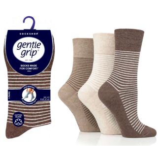 Ladies Striped Design Gentle Grip Socks (3 Pair Pack) - Brown/Neutral