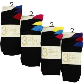 Ladies Black Cotton Rich Ankle Socks With Coloured Toes & Heels (3 Pack) - Asst.