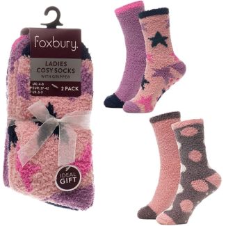 Ladies Cosy Socks With Gripper with Ribbon- Assorted 