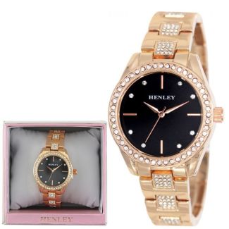 Ladies Henley Metal Diamante Bracelet Watch - Rose Gold/Black