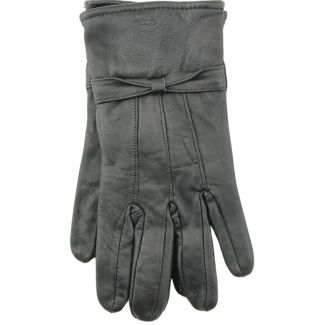 Ladies Leather Gloves With Bow - Black 