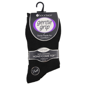 Ladies Plain Gentle Grip Cotton Blend Ankle Socks - Black (3 Pack)
