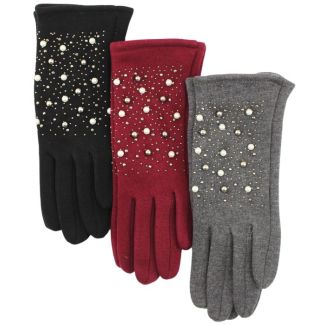 Ladies Knit Gloves with Pearl Design - Assorted Colours 12 pairs 