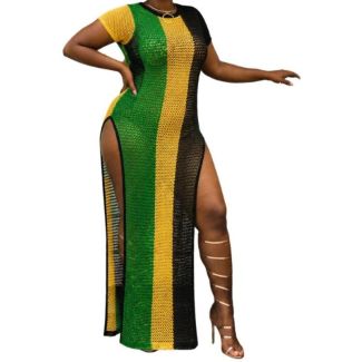 Ladies Jamaica String Maxi Dress - Black, Yellow & Green - L/XL