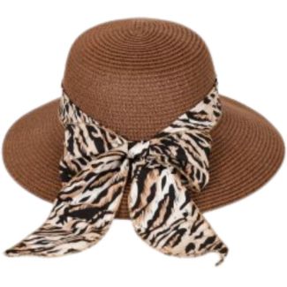Ladies Short Brim Straw Sun Hat with Scarf Band - Assorted Colours