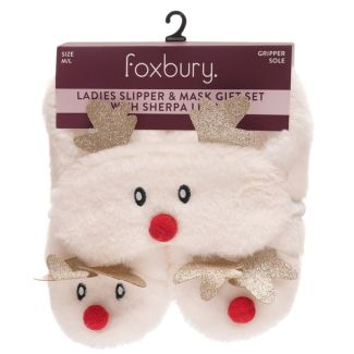 Ladies Xmas Faux Fur Slipper With 3D Eye Mask 