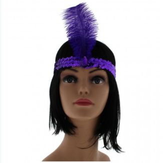 Large Feather Headband with Sequins and Crystal - Purple