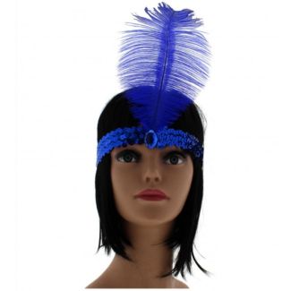 Large Feather Headband with Sequins and Crystal - Royal Blue