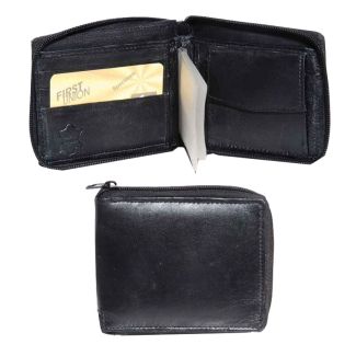 Leather RFID Bifold Wallet With Zipper Closure - Black 