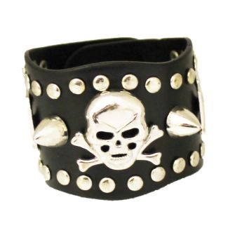 Leather Spike Wristband With Skull